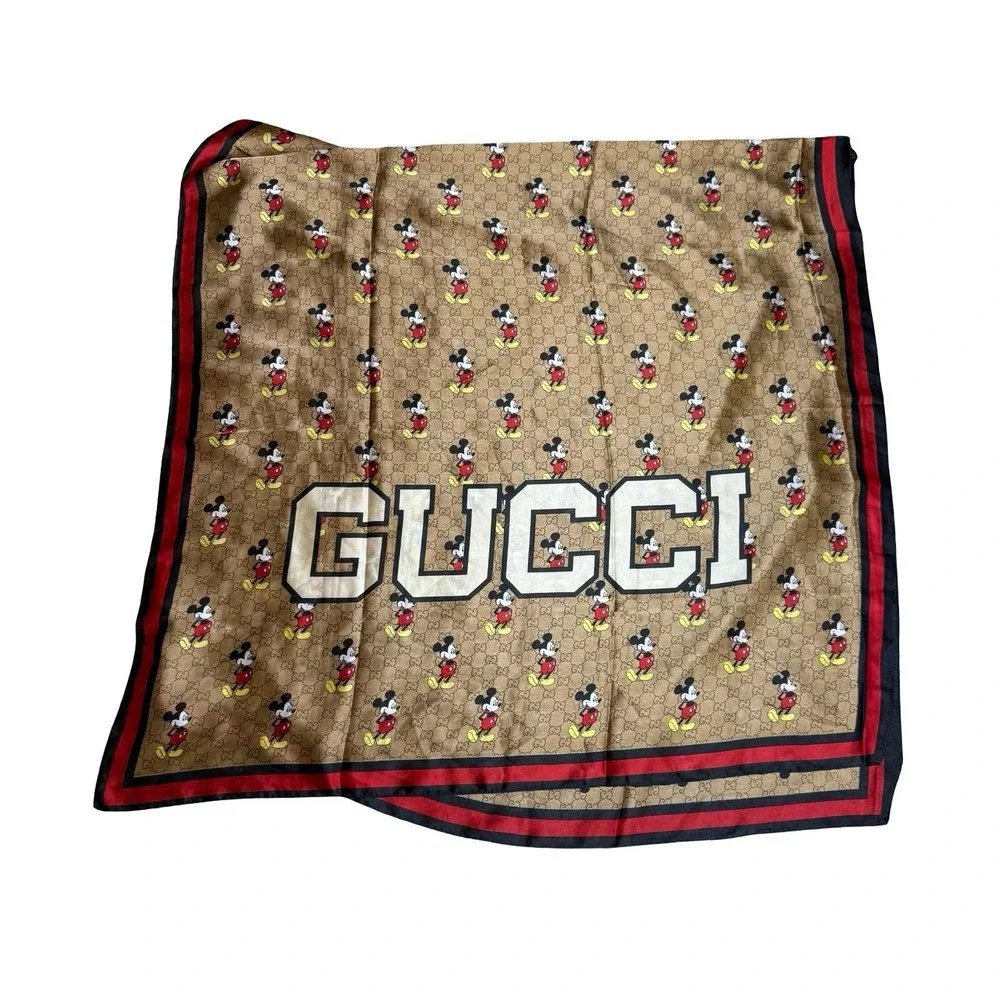 Gucci x Disney Mickey Mouse Silk Scarf GG Monogram Large Shawl Brown 70x30